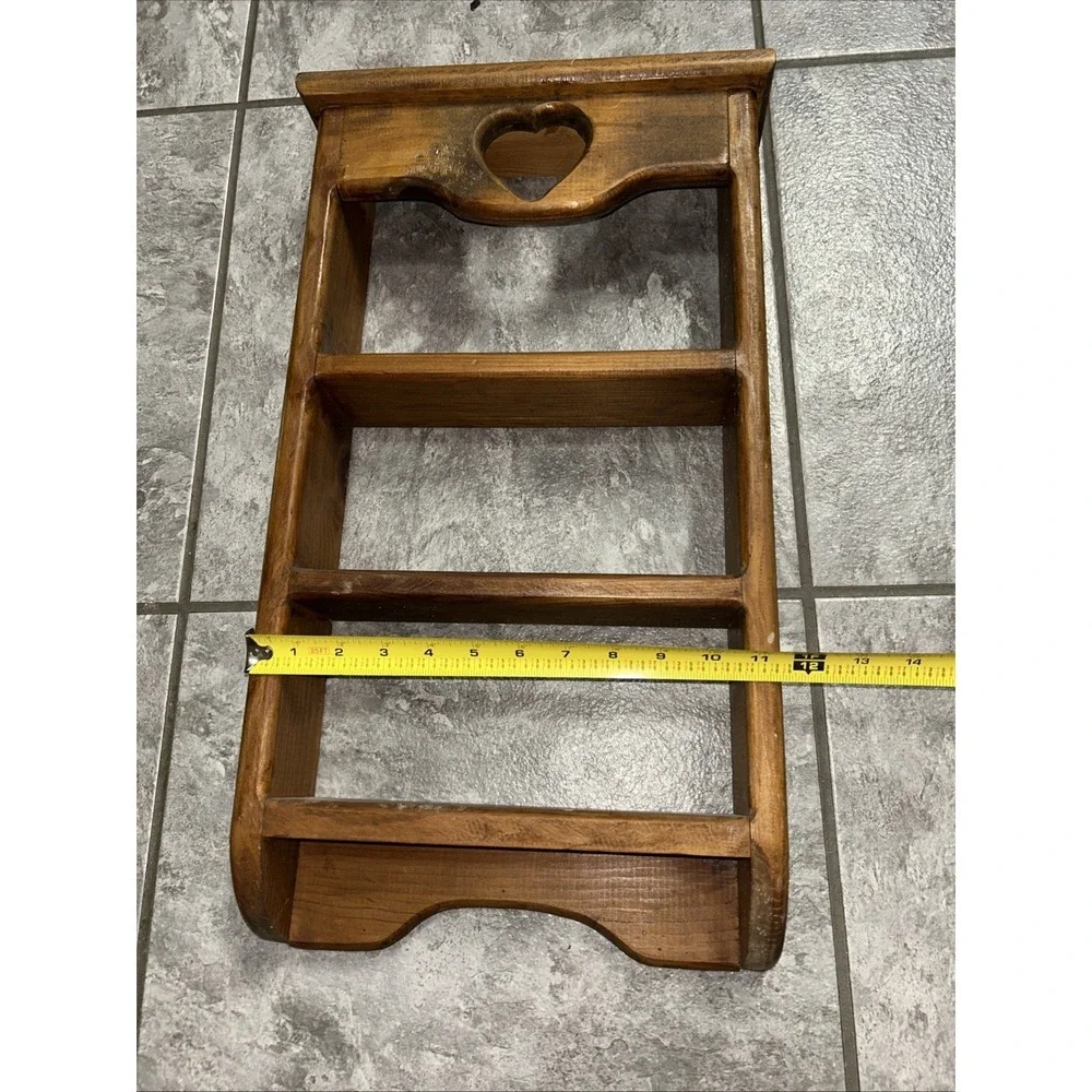 Vintage Wooden Three Tiered Wall Shelf‎ Heart Cutout Handmade Country Decor